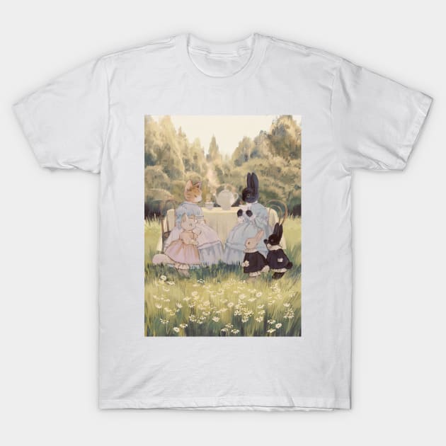 Rabbit and Cat Tea Time T-Shirt by rt0no